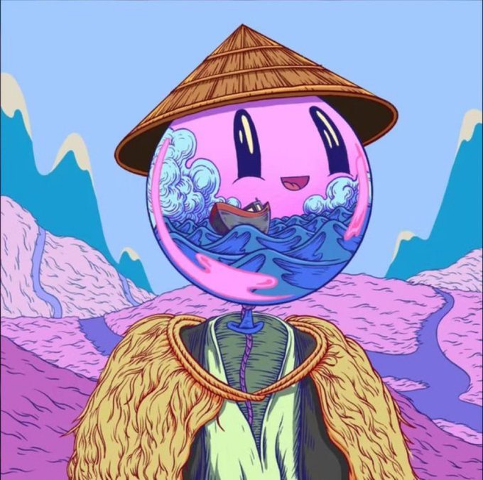A vibrant digital illustration of a character with a transparent pink, orb-like head containing a stormy sea and a small boat, wearing a traditional conical hat and a furry yellow coat.