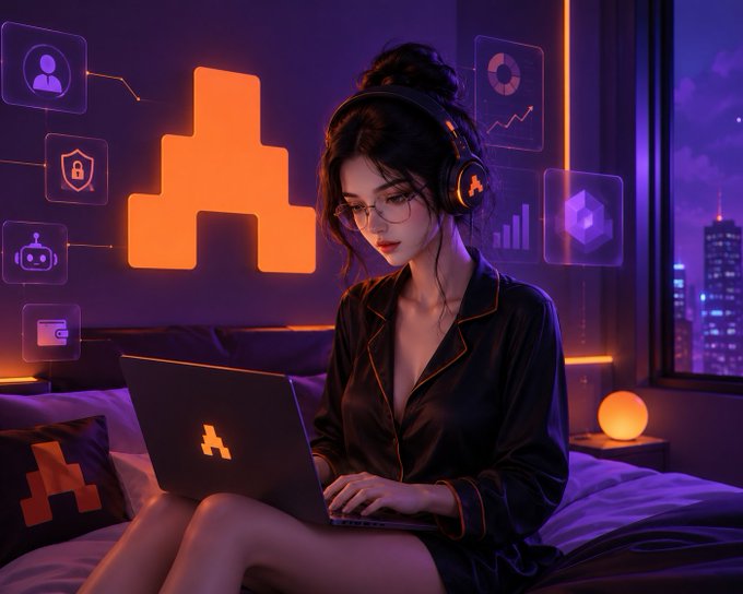 A woman in pajamas works on a laptop displaying an orange logo, surrounded by floating icons for security, analytics, and AI functions in a neon-lit bedroom overlooking a city skyline. The image visually represents the post's concept of "AI OS," portraying ARC Terminal not as a simple chatbot but as an integrated operating system where a user seamlessly interacts with multiple AI-powered tools from a single device.

**Visible text/branding:** The orange "A"-shaped logo (ARC Terminal emblem) on the laptop, wall projection, and pillow, along with the handle **@TheARCTERMINAL** referenced in the caption.