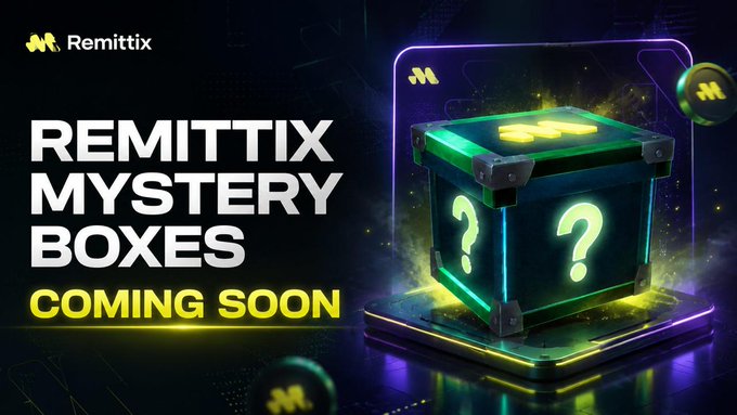 The image is a promotional graphic for "Remittix Mystery Boxes," featuring a glowing green and black mystery box with question marks on its sides, alongside the text "REMITTIX MYSTERY BOXES — COMING SOON," teasing the upcoming community incentive with RTX rewards and prizes mentioned in the post.