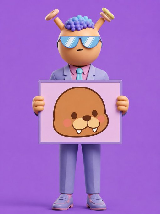 A 3D-rendered cartoon character with a purple brain-like head, wearing blue sunglasses and a light blue suit, holds a framed picture of a brown beaver or groundhog face against a purple background.