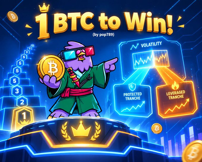 A promotional graphic featuring a purple bird character in traditional samurai attire holding a Bitcoin coin, with text reading '1 BTC to Win! (by pop789)' alongside Volatility, Protected Tranche, and Leveraged Tranche options.