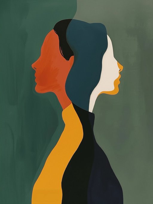 An abstract, minimalist painting depicts the silhouette of a woman looking right, layered with blocks of solid color including dark blue, orange, and yellow against a green background.