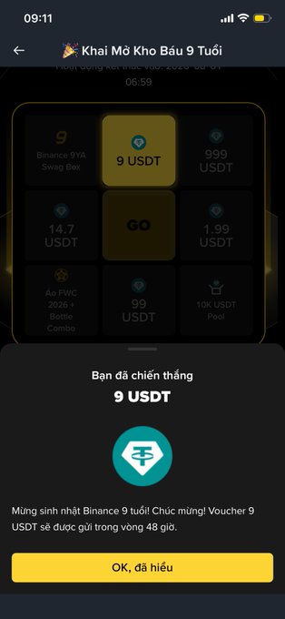 A Vietnamese-language mobile app screenshot titled 'Khai Mở Kho Báu 9 Tuổi' (Unlock 9th Birthday Treasure) showing a winning prize of 9 USDT with a congratulatory message and 'OK, đã hiểu' button.
