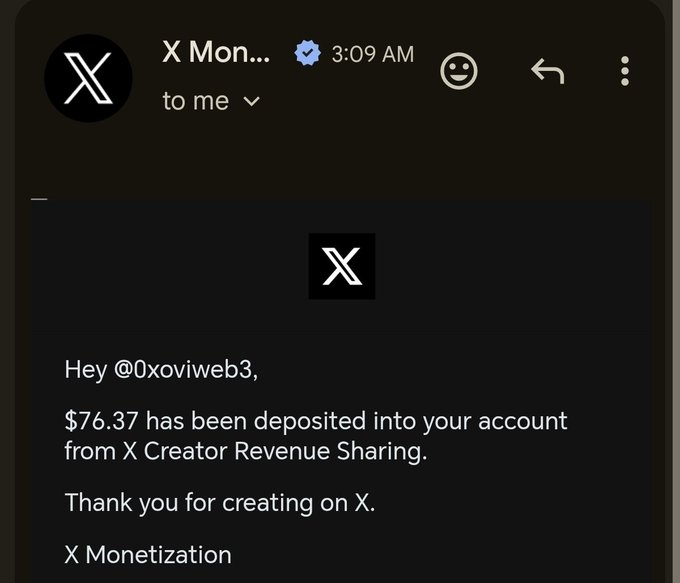 Screenshot of a dark-themed X (Twitter) notification from X Monetization addressed to @0xoviweb3, stating that $76.37 has been deposited into their account from X Creator Revenue Sharing.