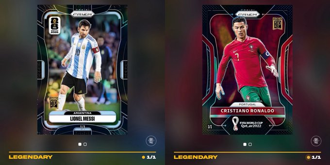 Two Legendary Panini Prizm FIFA World Cup Qatar 2022 trading cards displayed side-by-side, featuring Lionel Messi (Argentina, #10) and Cristiano Ronaldo (Portugal, #7), with a "1/1" serial number visible on Messi's card.

The image supports the post's pitch for $PaniniBlockchain/PBC by showcasing the iconic, highly collectible Messi and Ronaldo Prizm cards—assets that illustrate why a blockchain-based Panini trading ecosystem could hold long-term value, especially as these legendary football stars' cards remain perennial grail items among collectors.