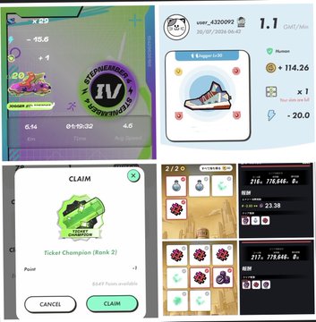 A collage of screenshots from a mobile game showing gameplay stats (15.5 x29, 6.64 distance), in-game items like sneakers valued at 1.1 EUR, and a 'CLAIM' button for a 'Ticket Champion (Rank 2)'.