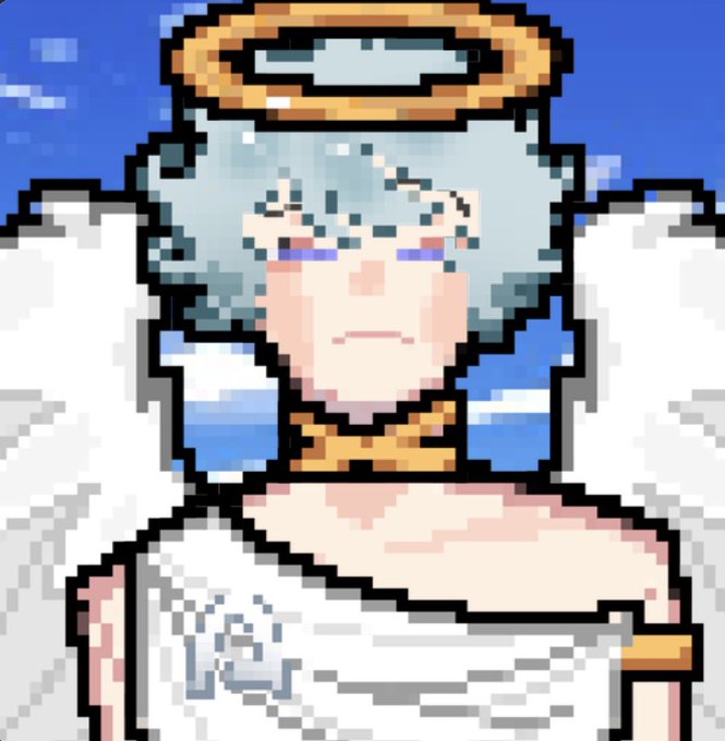 A pixel-art illustration of an angel-like character with light blue hair, a golden halo, white wings, and a white robe with a gold belt against a blue sky background.