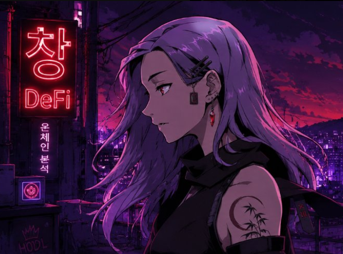 A purple-haired anime woman with a bamboo tattoo stands in a neon cyberpunk cityscape featuring Korean signage reading "참 DeFi" alongside "운체인분석," visually echoing the post's optimistic "GM" sentiment about an exciting week ahead in the crypto/DeFi market.