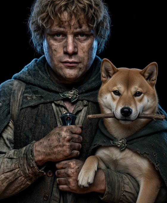 A cinematic portrait of a hobbit-like character with curly hair holding a Shiba Inu dog in his arms, with the dog holding a small stick in its mouth.