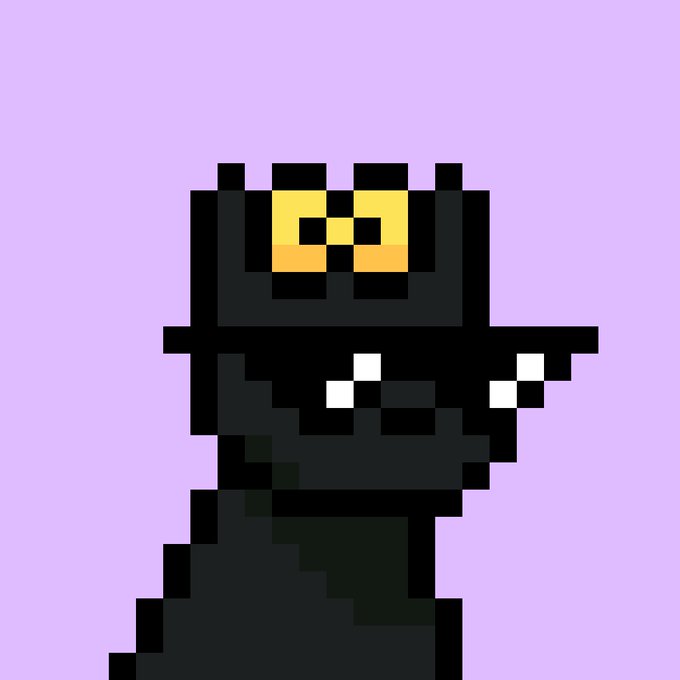 A pixel art illustration of a black cat with bright yellow eyes against a light purple background.
