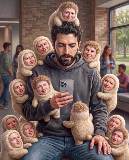 A bearded man in a gray hoodie sits absorbed in his phone while surrounded by fluffy, smiling sheep-like figures with human faces clinging to his shoulders and arms, set in a brick-walled room. The surreal image visually captures the song "MUSE," evoking the track's dreamy, otherworldly atmosphere and the way a captivating person can hold one's complete attention.