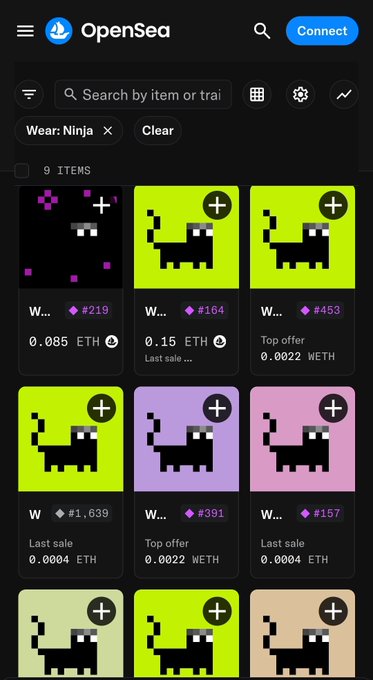 A mobile screenshot of the OpenSea NFT marketplace showing 9 items filtered for 'Wear: Ninja', featuring pixelated cat avatars in various neon colors priced in ETH.