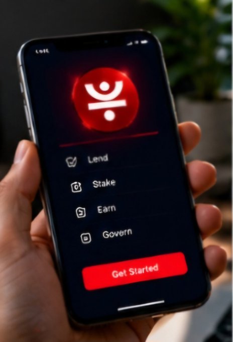 A hand holding a smartphone displaying a crypto staking app with options for Lend, Stake, Earn, and Govern, featuring a red 'Get Started' button.