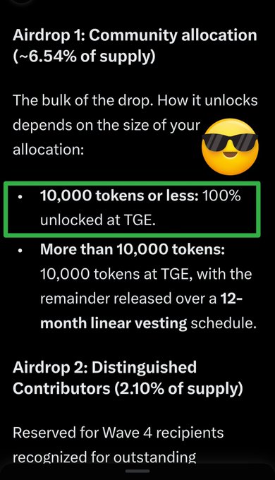 A screenshot detailing crypto airdrop token allocation rules, specifically highlighting that '10,000 tokens or less: 100% unlocked at TGE' within a green box under 'Airdrop 1: Community allocation'.