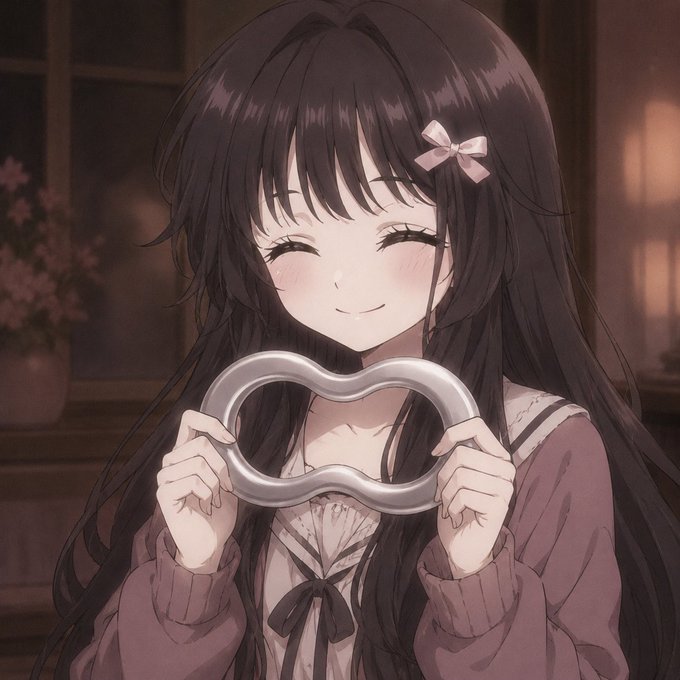 An anime-style girl with long dark hair and a small bow smiles warmly while holding a silver figure-eight shaped object. The image pairs with the post's message about quiet, behind-the-scenes work, visually echoing the calm, understated confidence being highlighted in the shoutout to @get_optimum.