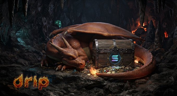 A digital fantasy illustration shows a sleeping red dragon curled around a treasure chest displaying the Solana (SOL) logo in a dark, rocky cave with glowing crystals and embers.
