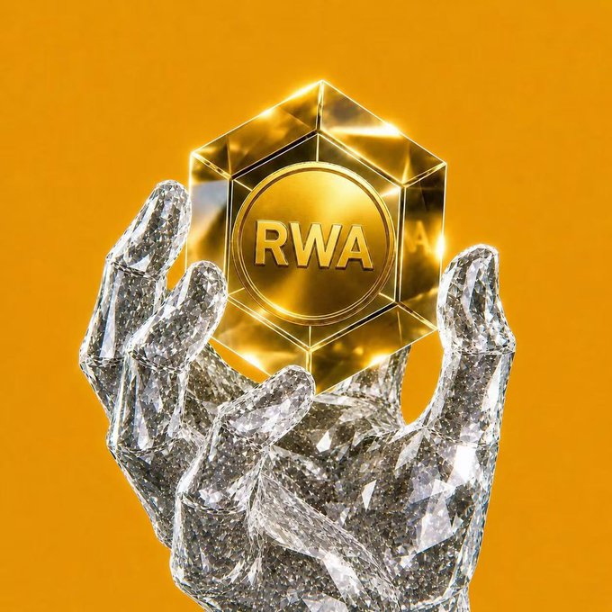 A stylized image of a crystalline silver hand holding a gold hexagonal token engraved with "RWA" against a bright orange background.