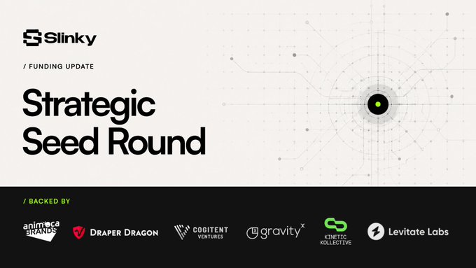 Funding announcement graphic for 'Slinky' announcing a 'Strategic Seed Round', backed by Animoca Brands, Draper Dragon, Cogitent Ventures, Gravityx, Kinetic Kollektive, and Levitate Labs.