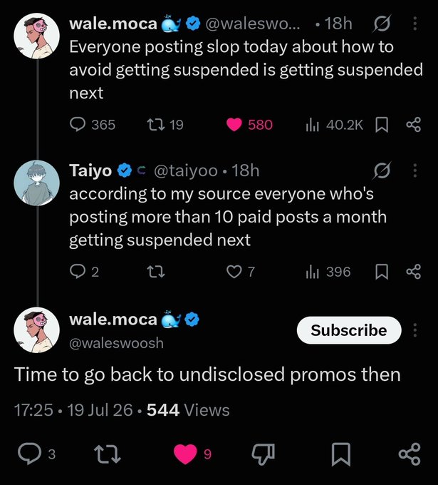 A Twitter/X thread where wale.moca (@waleswoosh) jokes that everyone posting about how to avoid suspension is getting suspended next, followed by a reply from Taiyo and wale.moca saying 'Time to go back to undisclosed promos then.'