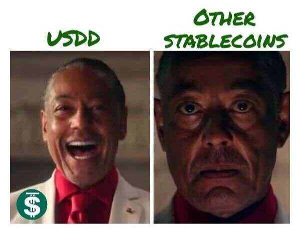 A two-panel meme comparing 'USDD' (showing actor Giancarlo Esposito smiling) with 'OTHER STABLECOINS' (showing the same actor looking serious and displeased).