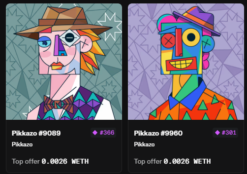 Two Pikkazo NFT listings (#9089 and #9960) feature colorful cubist-style portraits, each with a top offer of 0.0026 WETH.