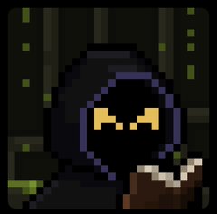 A single pixel art character icon featuring a hooded figure with yellow glowing eyes on a dark background with vertical green lights.