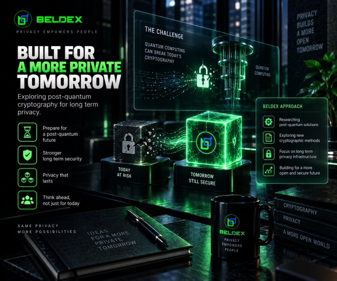 The image is a promotional graphic for BelDex with the headline "Built for a More Private Tomorrow," highlighting the brand's research into post-quantum cryptography to ensure long-term privacy against future quantum computing threats. It visually contrasts a locked "Today at Risk" block with a glowing "Tomorrow Still Secure" cube labeled with the BelDex logo, and lists four approaches: researching post-quantum solutions, exploring new cryptographic methods, focusing on long-term privacy infrastructure, and building a more open and secure future. The design includes branded merchandise like a BelDex mug and notebook, reinforcing the caption's emphasis on preparing privacy systems not just for present threats but for the advanced computing challenges of the next 5 to 10 years.