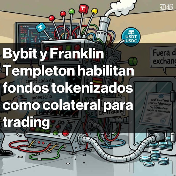 An illustrated graphic about cryptocurrency trading machines features the Spanish text 'Bybit y Franklin Templeton habilitan fondos tokenizados como colateral para trading' alongside USDT and USDC logos.