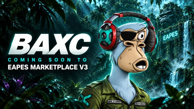 A promotional graphic featuring a cartoon ape character with an eye patch and headphones, announcing 'BAXC COMING SOON TO EAPES MARKETPLACE V3' set against a jungle background with a stone temple.