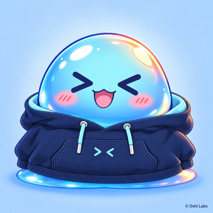 Cute cartoon illustration by © Oshi Labs of a translucent blue slime character with a happy face (>< mouth) wearing a dark navy hoodie with "x <" text, sitting on a glowing puddle.