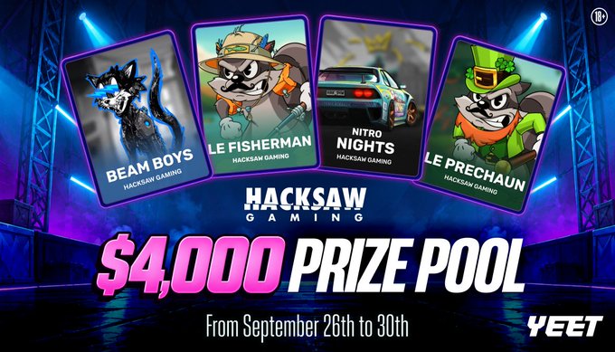A Hacksaw Gaming promotional banner advertises a $4,000 prize pool running from September 26th to 30th on Yeet, featuring four eligible slot games: Le Prechaun, Le Fisherman, Nitro Nights, and Beam Boys, with the cash prize distributed among all qualifying entries that hit a 300x multiplier or higher.