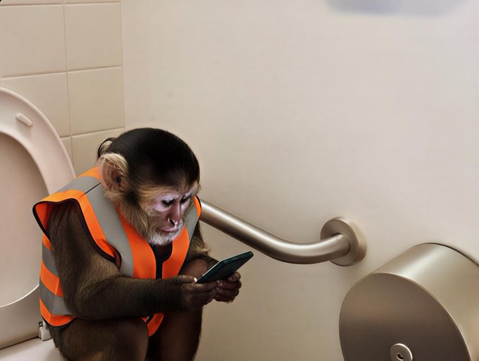 A monkey in a safety vest is sitting in a bathroom stall, intently looking at a phone, humorously illustrating the post about being far from reaching a $100K crypto goal with $150K still needed.