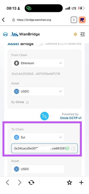 A mobile screenshot of the WanBridge asset bridge interface showing a USDC transfer from Ethereum chain to Sui chain, powered by Circle CCTP v1.