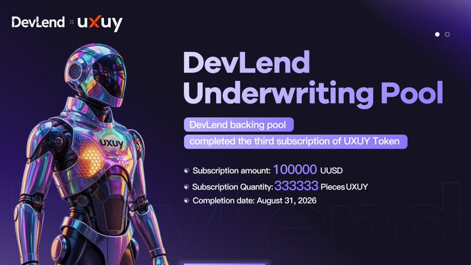 A promotional graphic for the DevLend Underwriting Pool, featuring a chrome robotic figure with 'uxuy' branding, announcing that the DevLend backing pool completed the third subscription of UXY Token with a subscription amount of 100,000 UUSD, 333,333 pieces of UXY, and a completion date of August 31, 2026.