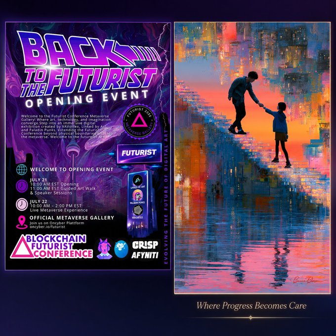 The image is a promotional flyer for the "Back to the Futurist" Opening Event (part of the Blockchain Futurist Conference), listing dates of July 21 (10:00 AM EST Opening, 11:00 AM EST Guided Art Walk & Speaker Sessions) and July 22 (10:00 AM–2:00 PM EST Live Metaverse Experience) on OneCyber and onecyber.io/futurist, alongside the artwork "Where Progress Becomes Care" by @BrianChoiArt—a glitchy, painterly depiction of an adult reaching down to a child against a vibrant cityscape—which is featured in the event's official metaverse gallery.