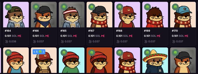 Screenshot of a digital collectible marketplace showing multiple cartoon otter NFT characters priced in SOL cryptocurrency, with one highlighted with a '<5' rarity indicator.