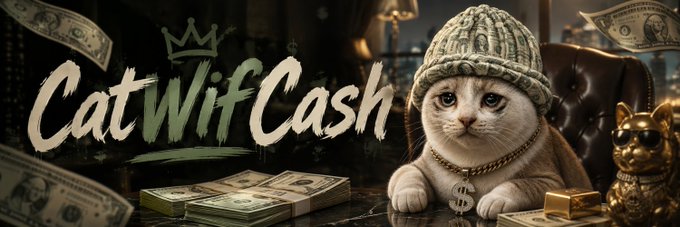 A promotional banner for the "$WIFCASH" memecoin features a serious-looking cat wearing a money-print beanie and dollar-sign chain, surrounded by stacks of cash, a golden cat figurine, and a hand-drawn crown logo, visually reinforcing the "Cat Wif Cash" branding tied to the coin's stealth launch giveaway announcement.