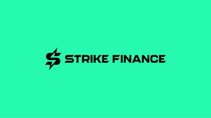 A logo on a bright teal background featuring a stylized 'S' and a lightning bolt next to the text 'STRIKE FINANCE'.