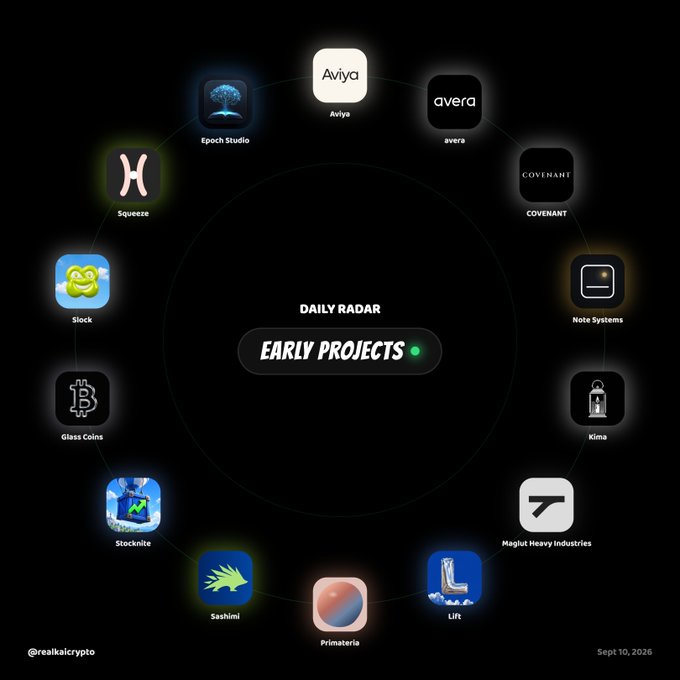 A dark-themed infographic titled 'DAILY RADAR' and 'EARLY PROJECTS' featuring a circular arrangement of crypto project logos including Epoch Studio, Aviya, avera, COVENANT, Note Systems, Klima, Magfut Heavy Industries, Lift, Primateria, Sashimi, Stocknite, Glass Coins, Slock, and Squeeze, dated Sept 10, 2026, with handle @realkalcrypto.