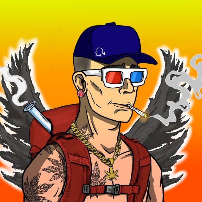 An illustration of a monkey character wearing a blue cap, red and blue 3D glasses, and a red vest, smoking a cigarette with black wings and smoke behind it against a yellow and orange background.