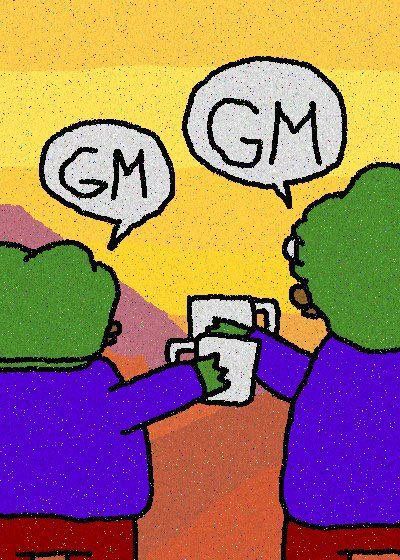 A colorful cartoon illustration shows two green-headed figures in purple shirts high-fiving while holding a phone, both with speech bubbles reading 'GM'.