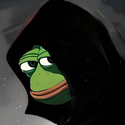 The image shows a digitally illustrated green Pepe the Frog character wearing a dark hooded cloak, peering out with a sly, knowing expression. The hooded Pepe visually embodies the post's theme of patience and emotional restraint during market volatility, with the "mysterious reveal" suggesting that waiting out reactionary dips reveals brighter outcomes for $PONS.