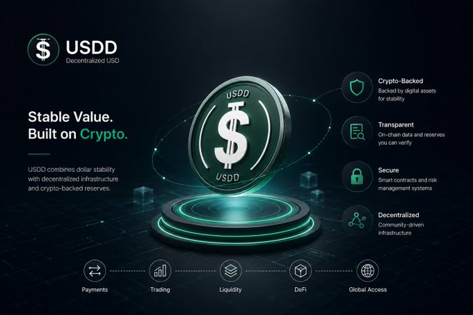 A promotional graphic for USDD (Decentralized USD) stablecoin, highlighting its features: Crypto-Backed, Transparent, Secure, and Decentralized, with the tagline 'Stable Value. Built on Crypto.' and use cases for Payments, Trading, Liquidity, DeFi, and Global Access.