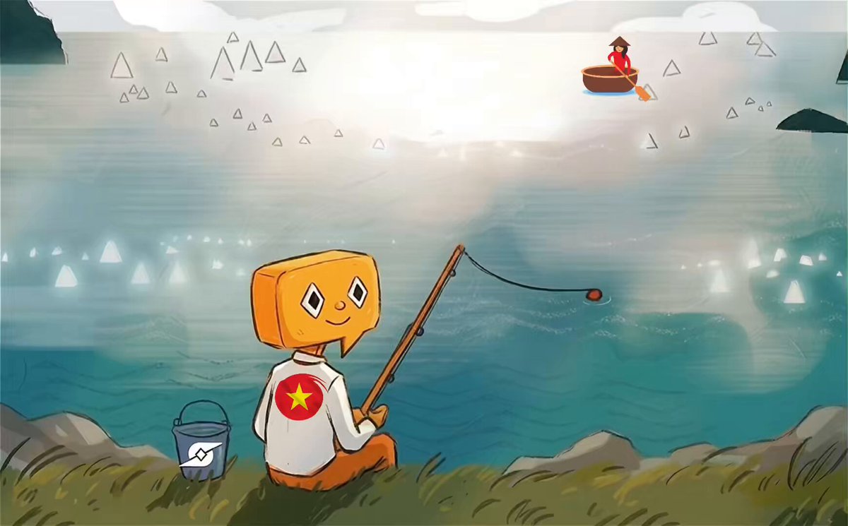 The image features a cartoon character, likely a robot or a person with an orange head, sitting on grass near water while fishing. The character appears to be patiently waiting for something to catch their eye in the water. In the background, there are mountains visible behind the water, adding depth and scenery to the scene. The post includes text that reads "Just Dlicom and the sea no rush,no worries,just waiting for the waves to bring something special @DlicomApp @dlicom_vn @timcrypto @DelightTalight @dimakuncik @joyhasanx10". This suggests a connection between the character's fishing activity and the post's content.