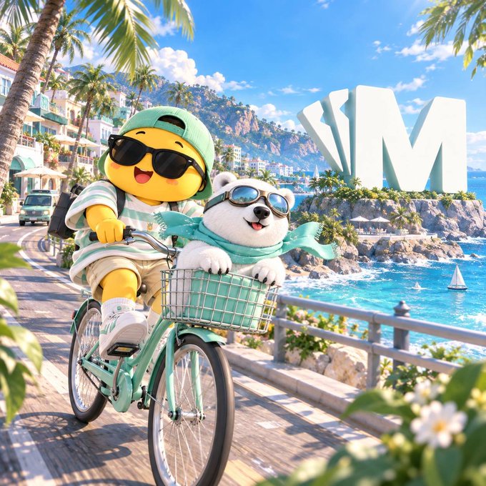 A 3D-rendered scene of a yellow emoji character wearing sunglasses and a green cap, riding a mint-green bicycle with a cute white dog wearing goggles in the basket, set in a coastal Mediterranean town with large 'YM' letters on a hillside.