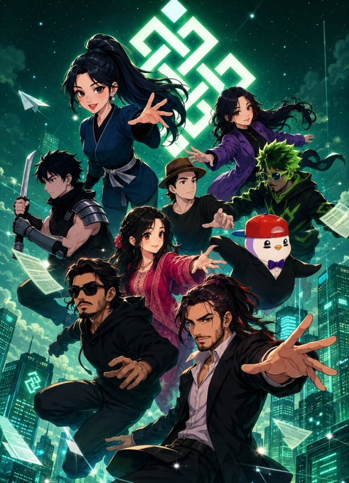 An anime-style illustration featuring a group of diverse characters posed dynamically in front of a glowing green Binance-style logo and a futuristic cityscape with paper airplanes.