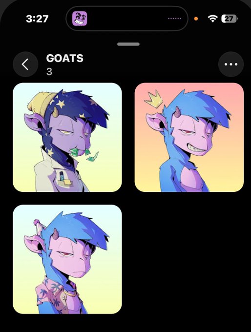An iOS app screenshot showing a folder named 'GOATS' with 3 items, containing illustrations of cartoon characters with horns and colorful hair.