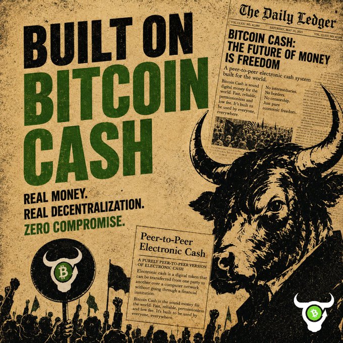 Vintage-style poster reading 'BUILT ON BITCOIN CASH — Real Money. Real Decentralization. Zero Compromise,' styled as a newspaper clipping from 'The Daily Ledger' with a bull illustration and BCH logo.