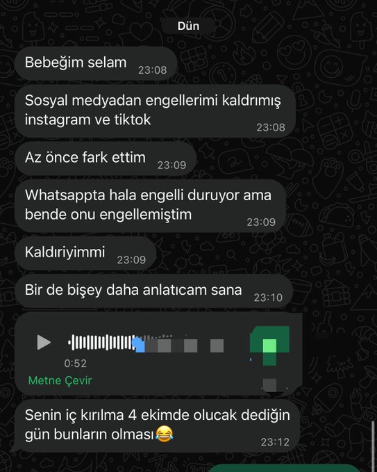 A screenshot of a Turkish WhatsApp conversation where someone tells another person that 'Bebeğim selam, Sosyal medyadan engellerimi kaldırmış instagram ve tiktok' (Hi baby, they removed my blocks from social media, Instagram and TikTok), along with a voice message.
