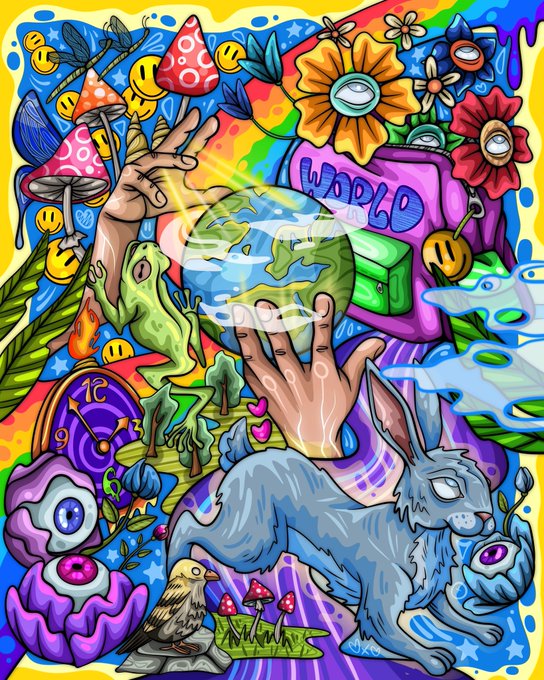 Colorful psychedelic digital artwork with a 'WORLD OF DESIGN' watermark, featuring a rabbit, frog, mushrooms, flowers, hands holding a globe, smiley faces, and a rainbow.